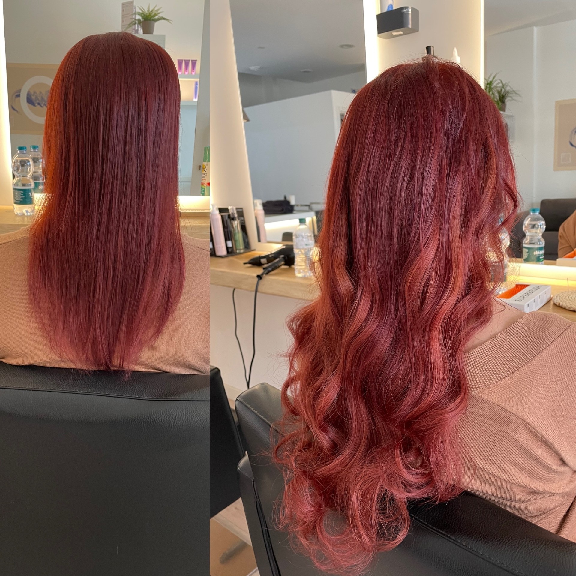 Prima e dopo extension Filoselle — Rosso intenso, volume e onde scolpite