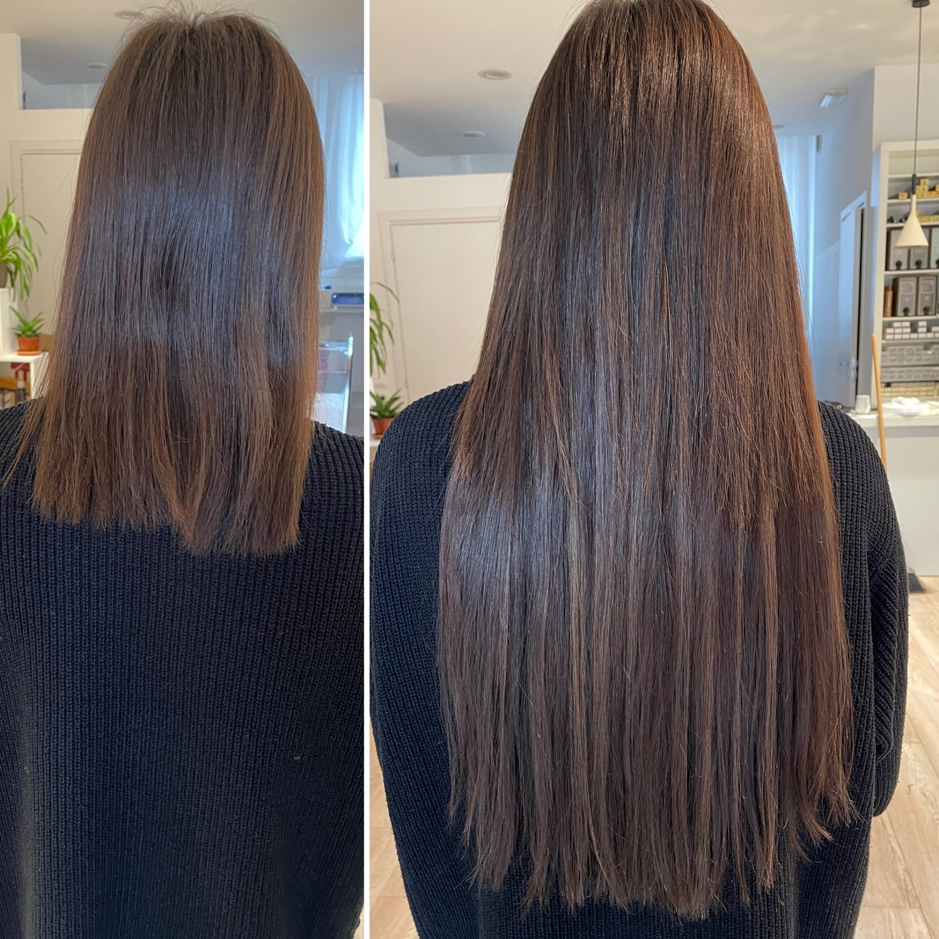 Prima e dopo extension Filoselle — Lunghezza totale su castano naturale